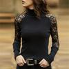 Осень Зима Высокий Воротник Кружевная Вставка Сексуальная Футболка с Открытым Низом Женская С Длинным Рукавом Однотонный Пуловер Футболка Топ