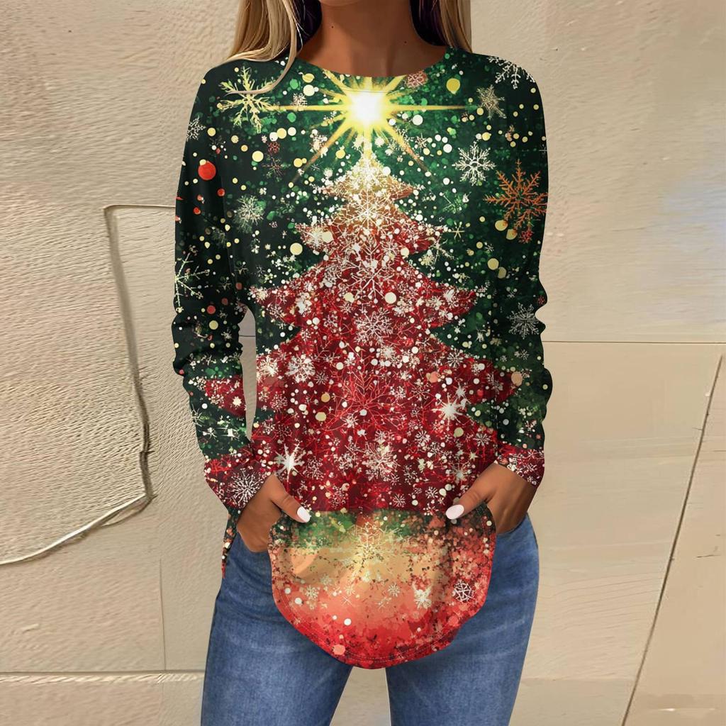 Женская свободная футболка с круглым вырезом и длинными рукавами с принтом в стиле ретро, пуловер на Рождество
