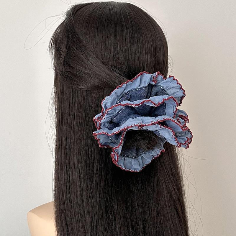 1PC Blue Color Block Retro Large Intestine Headband for Woman and Girls Red Edged Denim Fabric Double Layered Headband Hair Ties