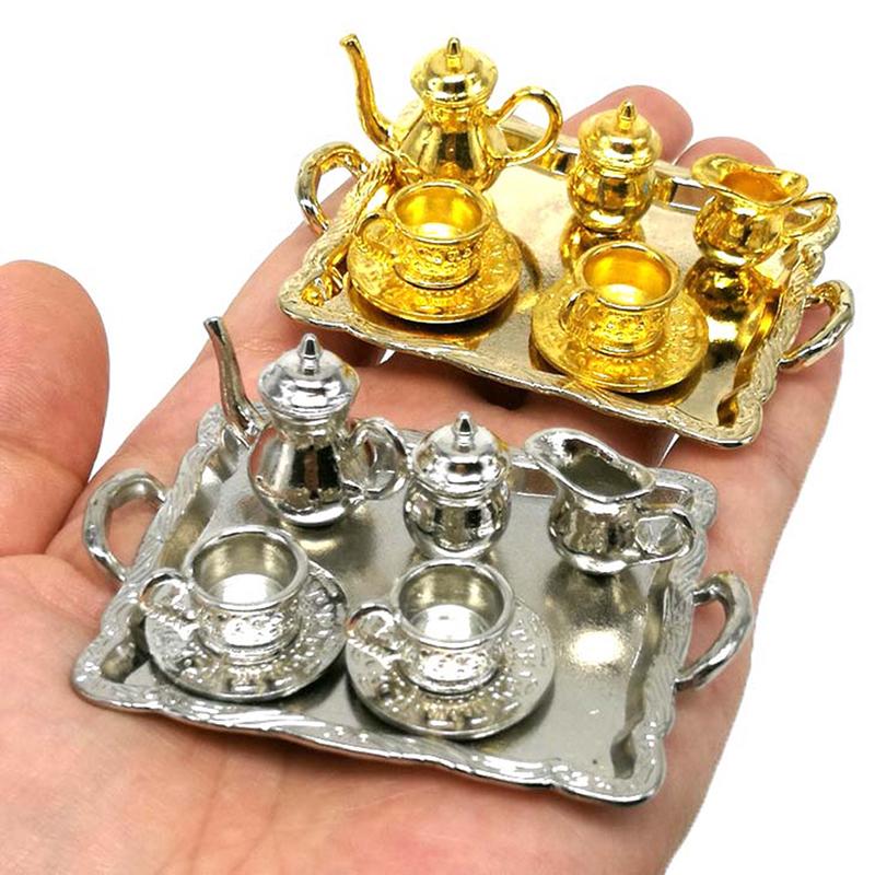 10Pcs 1: 12 Dollhouse Miniature Furniture Accessories Dining Ware Metal Tea Cup Plate Model Set For Doll House Decor Pretend Toy