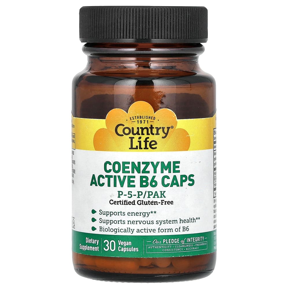 Country Life Gluten-Free Coenzyme Activated B6 Capsules P-5-P/PAK Vegan, 30 Count