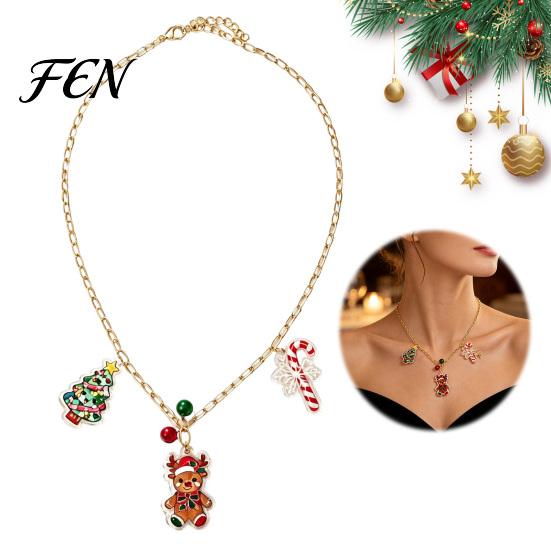 Decorative Holiday Jewelry Christmas Charms Necklace for Women, Cute Elk Tree Candy Cane Pendant with Bells, Festive Alloy Party Outfit Gingerbread