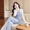 Elegant Autumn Blue Patchwork Suit Set: High-End Goddess Style Jacket & Pants