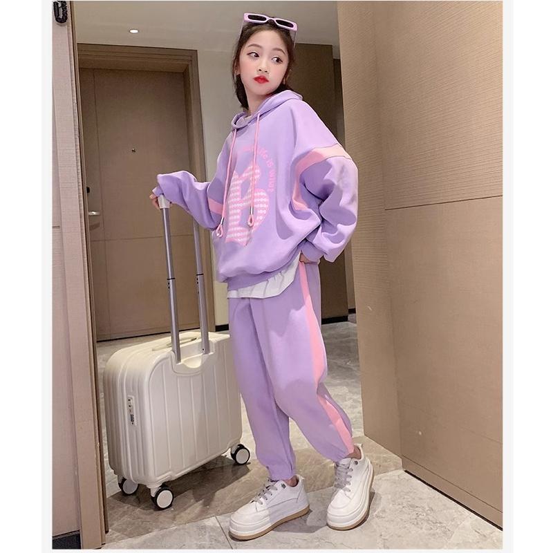 Спортивная детская одежда в корейском стиле, комплект из 2 предметов для девочек, лоскутные толстовки с длинными рукавами, топ и брюки, наряды для девочек-подростков