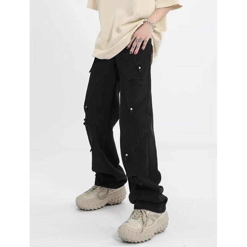 Джинсы JYL Мужские Клетчатые Эластичная Талия Подростковые Свободные Широкие Прямые Деним