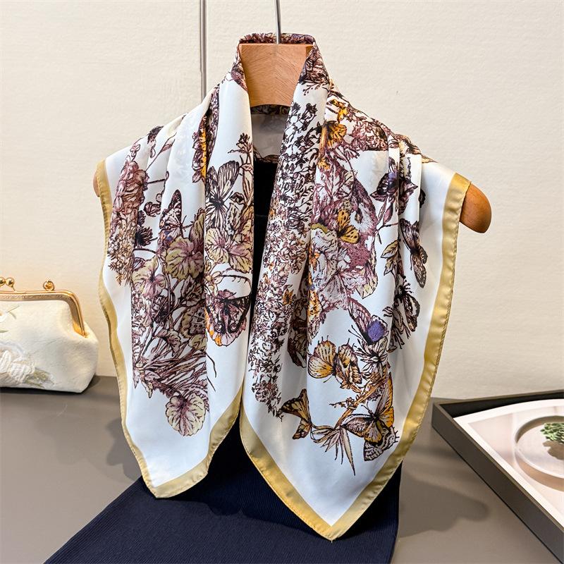 70Cm Vintage Square Silk Scarf Soft Satin Shawl Floral Butterfly Print Bandana for Women Neck Scarves Hairband for Trip and Gift