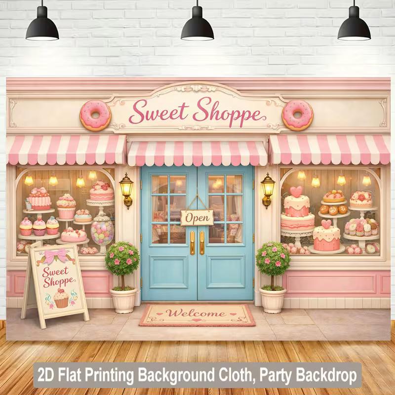 2D Sweet Shoppe Storefront Backdrop, Pink & Blue Pastry Shop Wall Decor for Kids Room