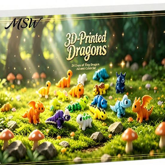 Plastic Dinosaur Figures 3D Printed Advent Calendar, 24-Day Mini Articulated Figure Set, Durable Desktop Figurine Set Christmas Countdown Box