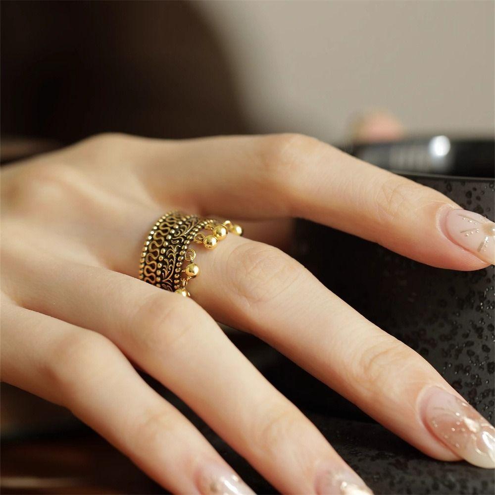 Hollow Out Ethnic Style Ring Thai Silver Irregular Opening Ring Vintage Ring Gifts for Women Girl