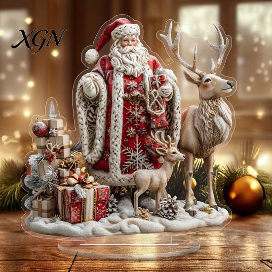 Retro Xmas Fairy Tale Scene Christmas Santa Claus Ornament, Reindeer Acrylic Decoration, Indoor Holiday Ornament Display Double Sided Desktop