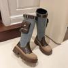 Модные 7 см крутые холщовые сапоги с толстой подошвой, женские джинсовые ботинки с круглым носком и молнией, средние сапоги 2024 года, новые осенние европейские туфли на каблуках с цветными блоками