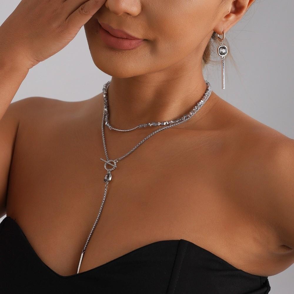Y-shaped Square Necklace Geometric Punk Style Necklace Gifts Grey Glass Pendant  for Women