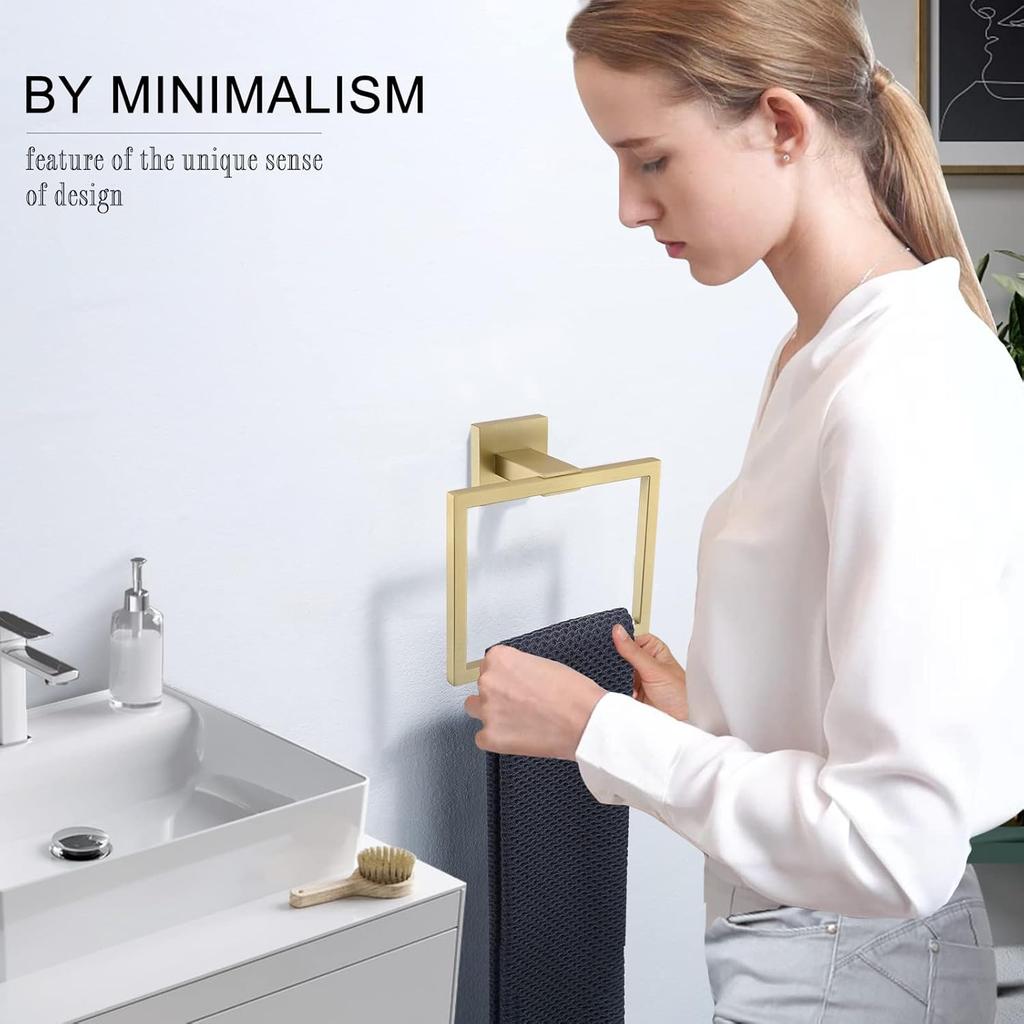 TQKAG Brushed Gold Towel Ring Bathroom Hand Towel Holder Stainless Steel Square Towel Bar Hangers Wall Mounted