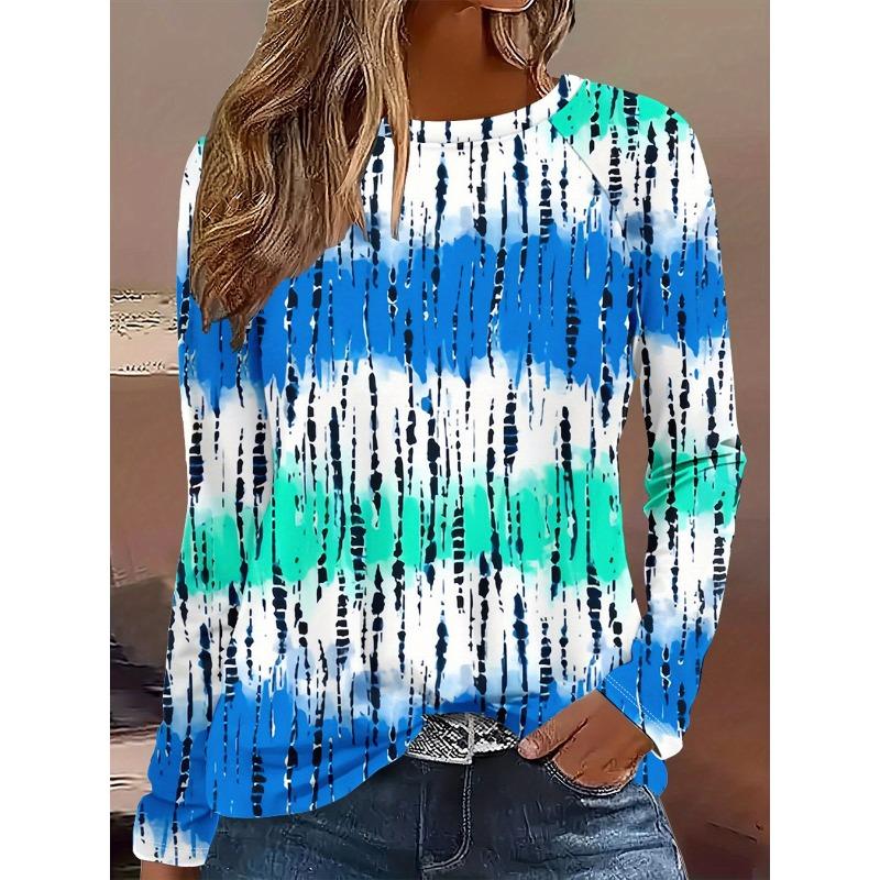 Round Neck 3D Striped Printed Top Casual Long Sleeved Women's T-shirts - Soft Medium Stretch Polyester Fabric Spring and Autumn Relaxed Fit Clothing