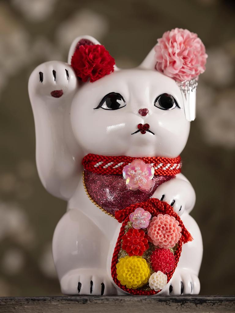 Кот удачи Майкохан Правая лапа Кот удачи Счастливый талисман Фэн-шуй Ящик для подношений Белый (M-SIZE Белый) приподнятый/Керамический Манэки-нэко (мк_М