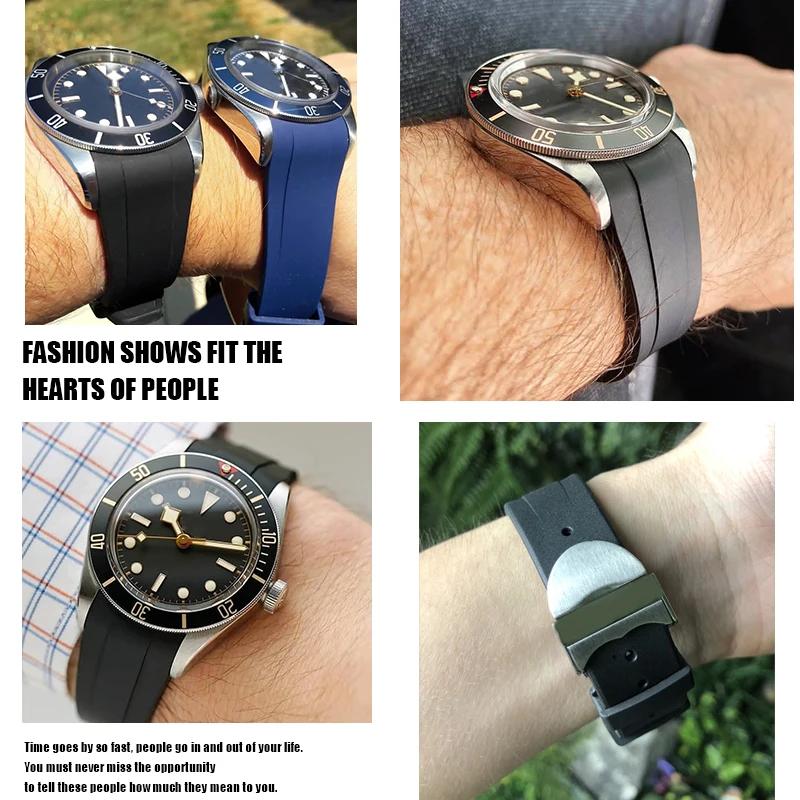22 мм 20 мм ремешок из натурального каучука и силикона для часов Tudor Black Bay GMT 1958 с загнутым концом, раскладывающейся пряжкой, зеленый, синий, красный ремешок на запястье