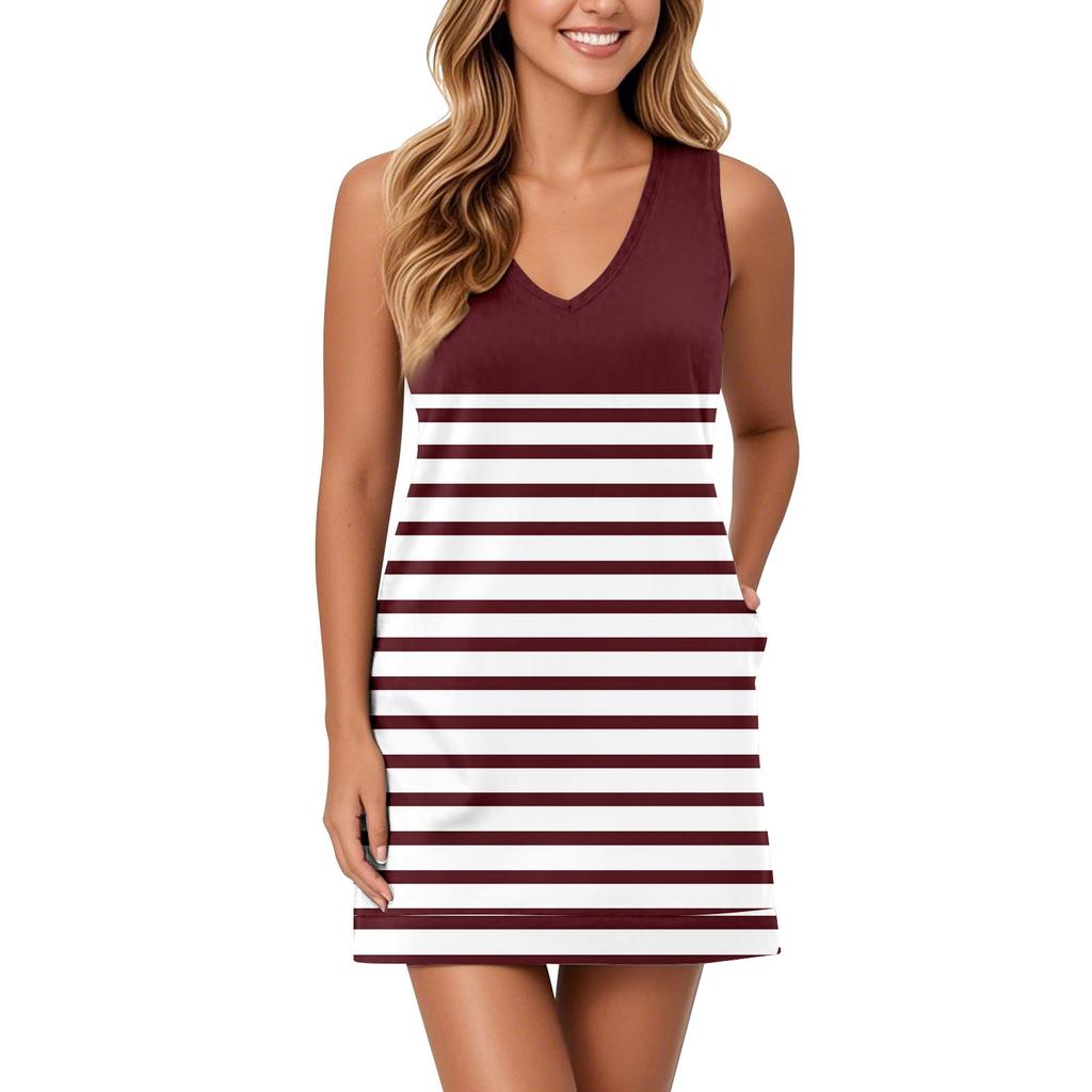 Женский сарафан с V-образным вырезом, без рукавов, повседневное платье с геометрическим принтом и карманами