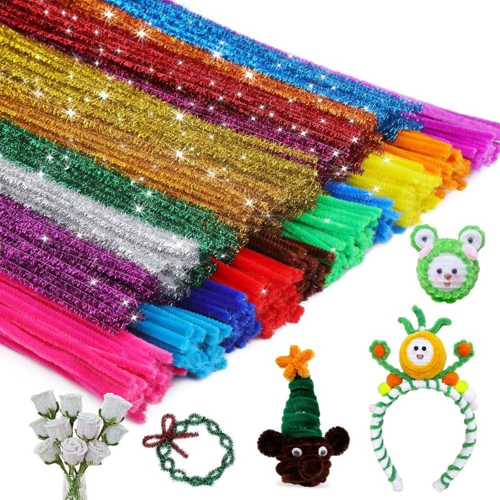 100Pcs Glitter Sparkle Chenille Stems Fuzzy Sticks Pipe Cleaners Bulk Creative Handmade