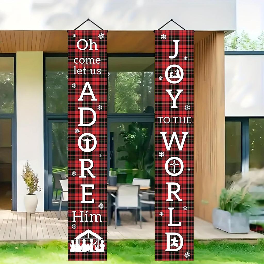 Joy To The World Door Banner 71 X 12 Inch Red Black Plaid Vertical Hanging Porch Decoration Front Door Hanging Sign Holiday Party Entryway Fireplace