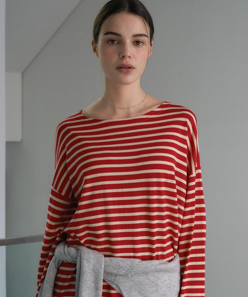 JE NE SAIS QUOI Silk Tencel Stripe Pullover_Red/Off-White