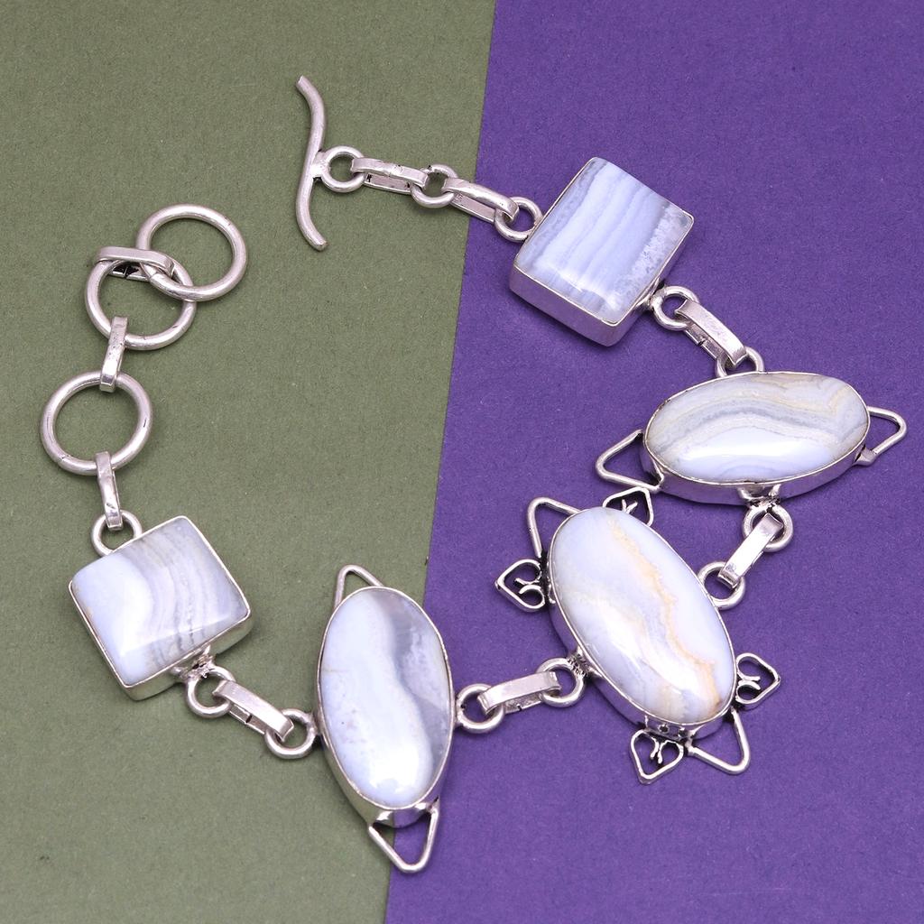Silver Lace Blue Bracelet Sterling Agate Gemstone 7-8" Cuff Agate, Topaz
