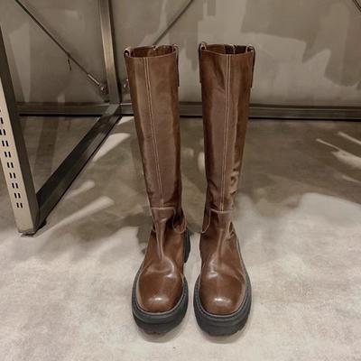 Усадка Обуви Лошадиная Кожа Круглый Носок Толстая Подошва Толстый Каблук Узкие Средней Длины Рыцарские Сапоги Женские