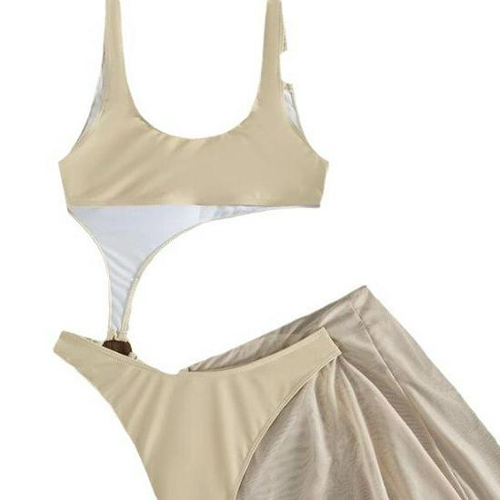 Слитный купальник с юбкой для женщин - Европейский и американский стиль, Нагрудные вкладыши, Однотонный, Стройнящий и консервативный дизайн