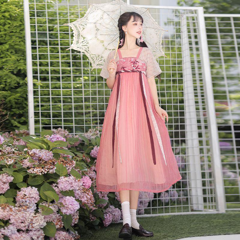 Женское улучшенное свободное платье средней длины Hanfu с короткими рукавами большого размера