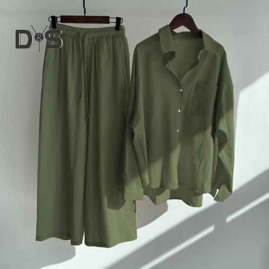 2 шт./компл., женская рубашка больших размеров, комплект брюк, сплошной цвет, блузка с воротником с лацканами и длинными рукавами, высокая талия, свободные широкие брюки, комплект, повседневная одежда для поездок на работу