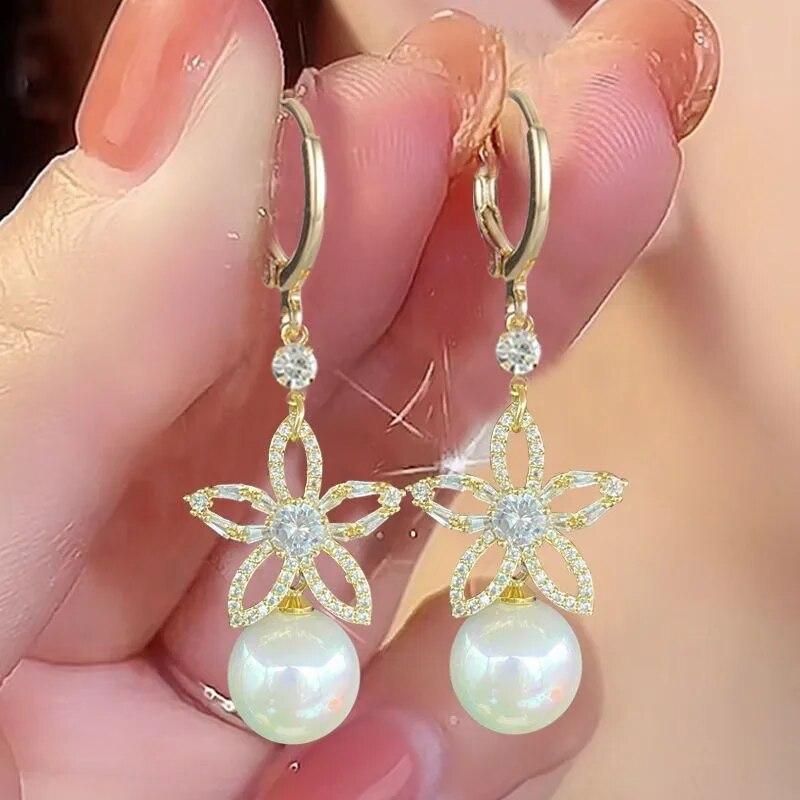 Fashion Vintage Mermaid Pearl Flower Hoop Earrings for Women Elegant Shiny Zircon Drop Dangle Earring Wedding Jewelry Gifts