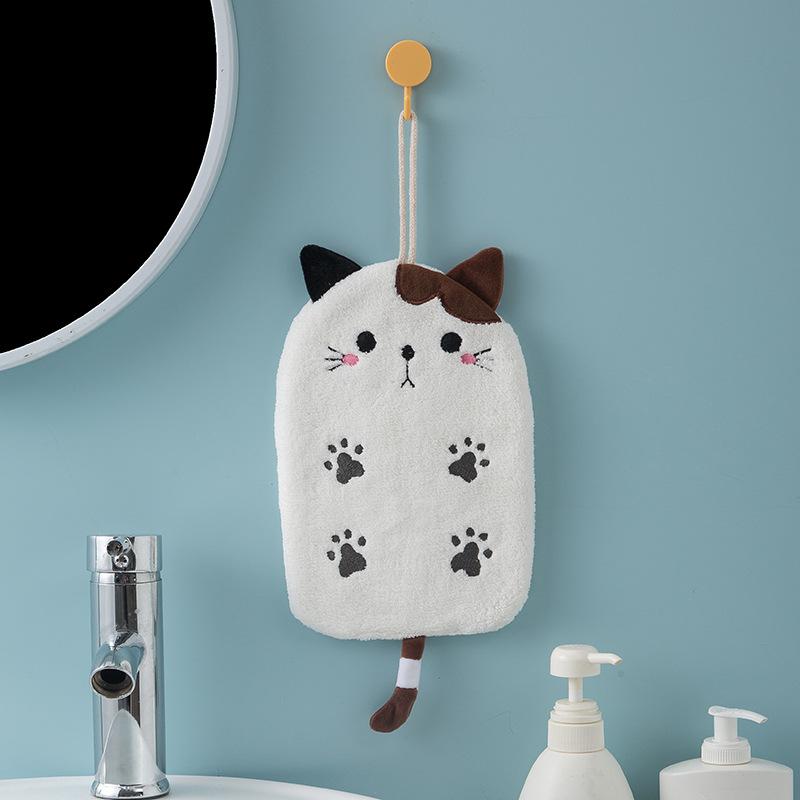 Strong Absorbent Hanging Cat Embroidery Towel Home Decor Dual-use Coral Velvet Hand Towel Bathroom Supplies Towel