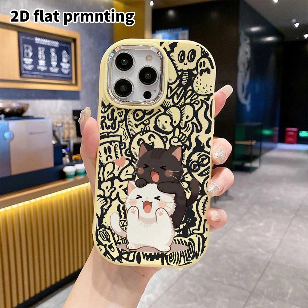 Phone case: 2D flat design suitable for iPhone 18 17 16 15 14 13 Pro protective case, couple style, two little cats, Christmas and Halloween gift