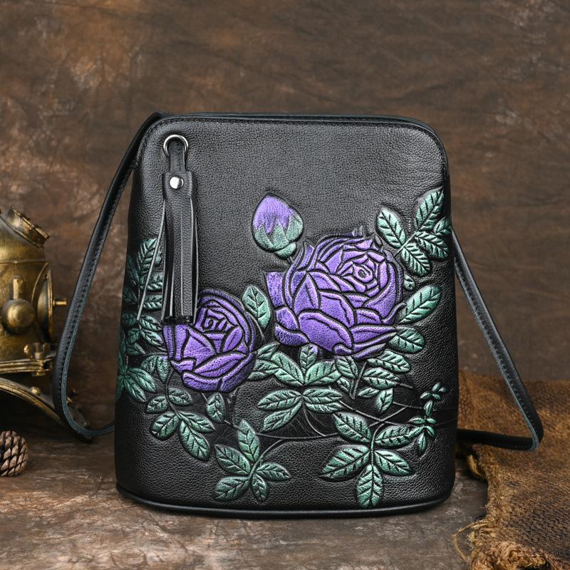 Johnature Genuine Leather Lightweight Versatile Small Bucket Bag Exquisite Flowers Women Shoulder Crossbody Bags