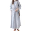 Женское раннее осеннее длинное полосатое однобортное платье свободного кроя с круглым вырезом выше колена
