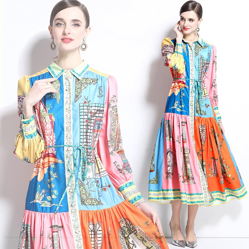 Spring Summer Women Turn-down Collar Shirt Vintage Print Oversize Long Loose Party Dresses