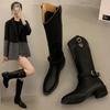 Belt Buckle Chunky Heel Westerns Long Boots 2024 British Style Pointy Toe Medium Heel Knight Boots Fashion Versatile Women Shoes
