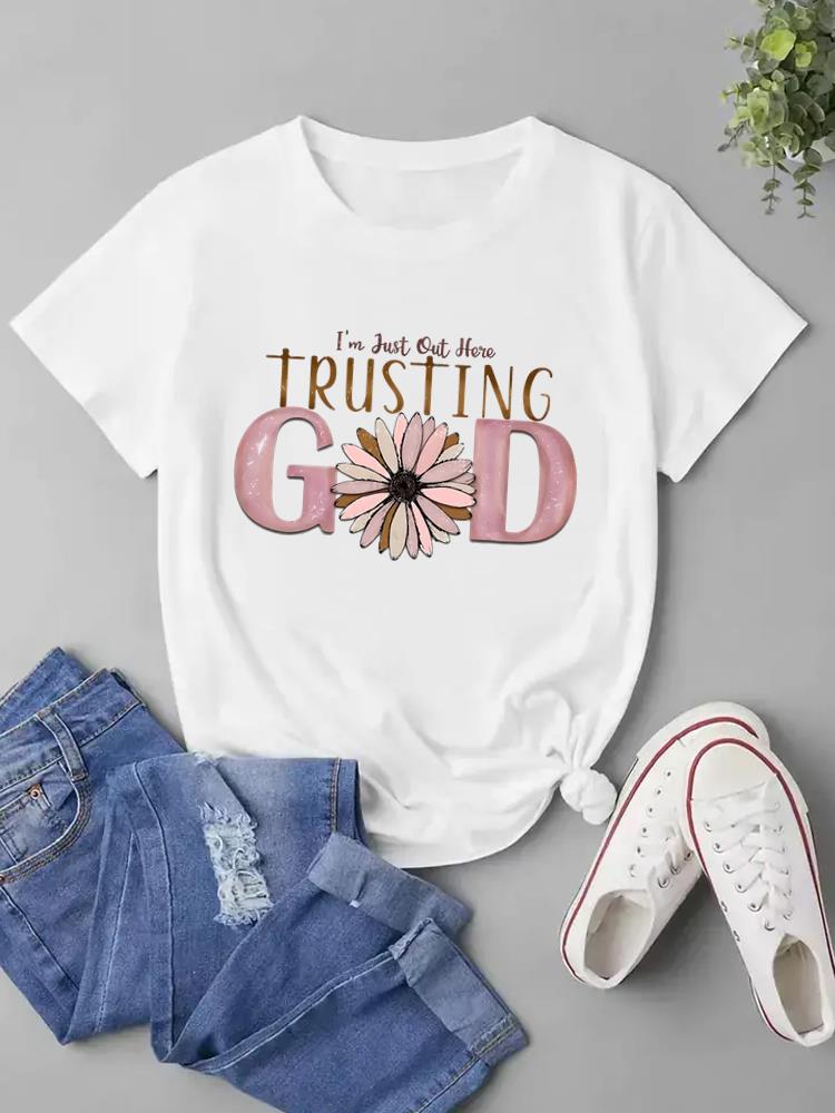 (Азиатский размер) Женская модная футболка Faith Love Trend, милый стиль, модная футболка с короткими рукавами, одежда с принтом, женская повседневная футболка, женские футболки с графикой