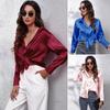 Woman's Fashion Casual Solid Button Satin Imitation Silk Long Sleeved Shirt Top