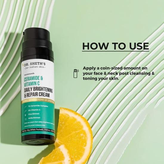 Dr. Sheth'S Ceramide Daily Brightening & Repair Cream With 1% Ceramide Complex, 5% Vitamin C, Cica & Amla | Brightens & Repairs Skin | 30 G