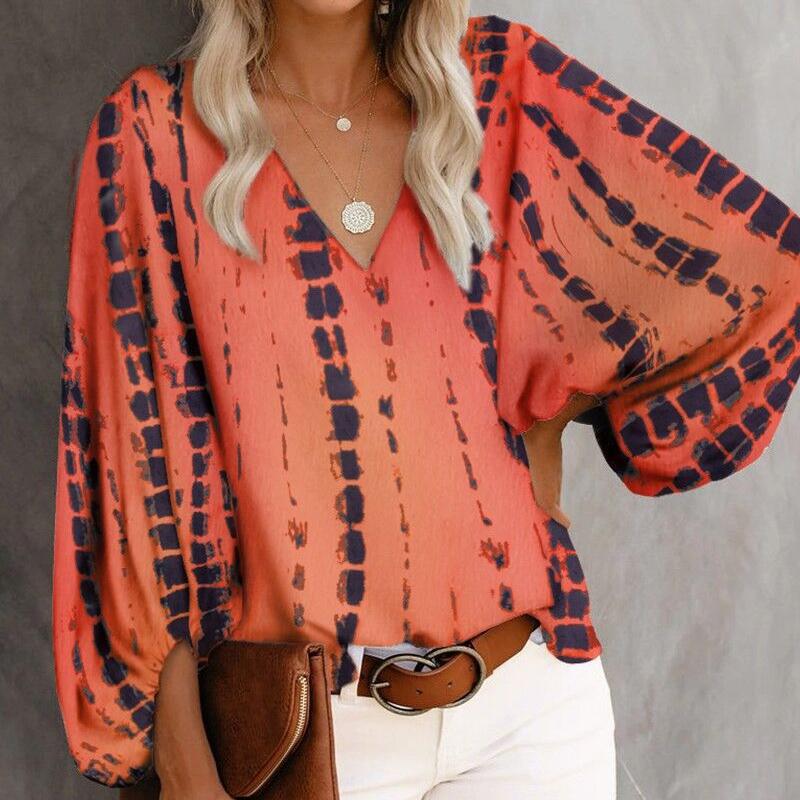 Elegant Casual Spring V-neck Print Shirt Beach Floral Blouse Lantern Long Sleeve Leopard Clothes Vacation Tops 19150