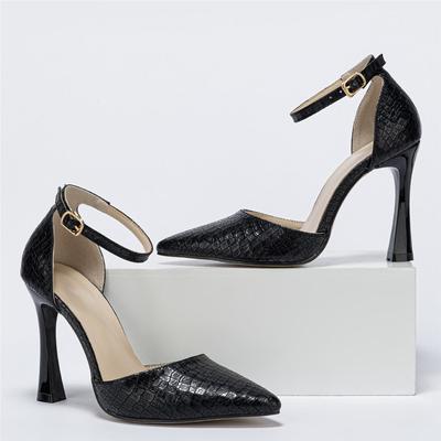 Совершенно новые женские летние черные туфли Sanke Veins с острым носком, большие размеры, туфли с ремешком на щиколотке, вечерние офисные женские туфли-лодочки на высоком каблуке