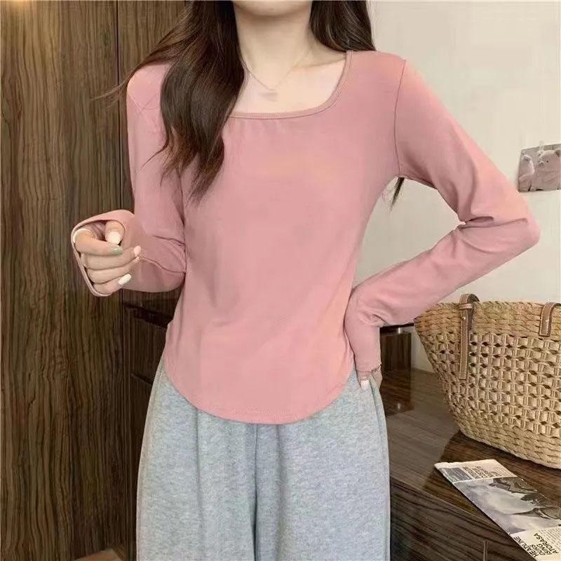 Женские однотонные футболки с длинными рукавами и квадратным воротником, весенне-осенние новые тонкие повседневные топы с U-образным подолом, рубашки для девочек