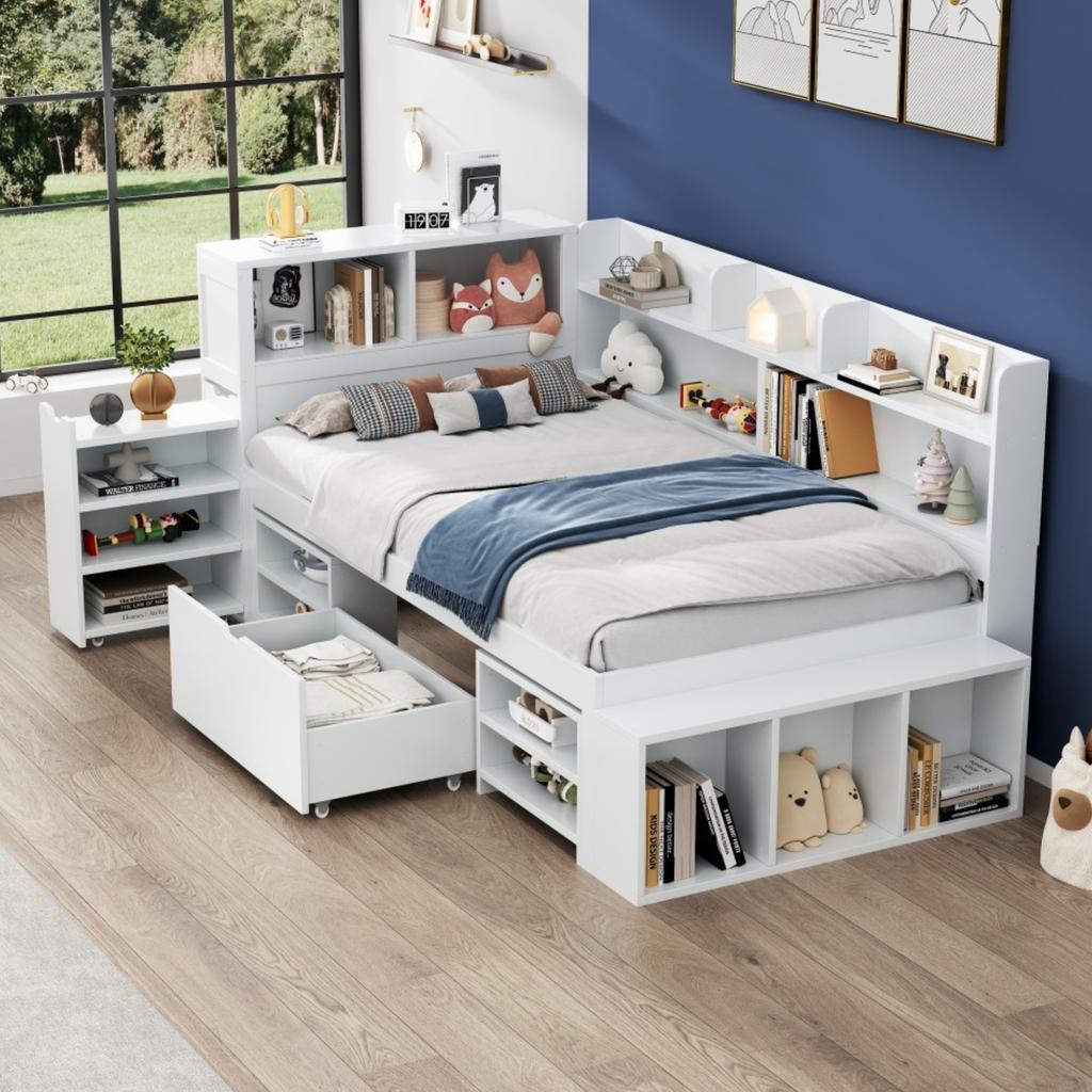 Children's Bed, 90*200 cm, Multifunctional with Drawers, Bookshelf and Storage Cabinet, Large Storage Space, Slatted Frame, without Mattress, White