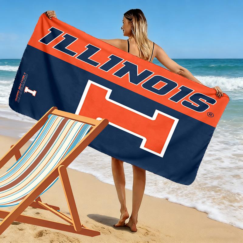 Illinois Fighting Illini Print Beach Towel, Large Soft Quick Dry Towel for Beach Camping Swimming