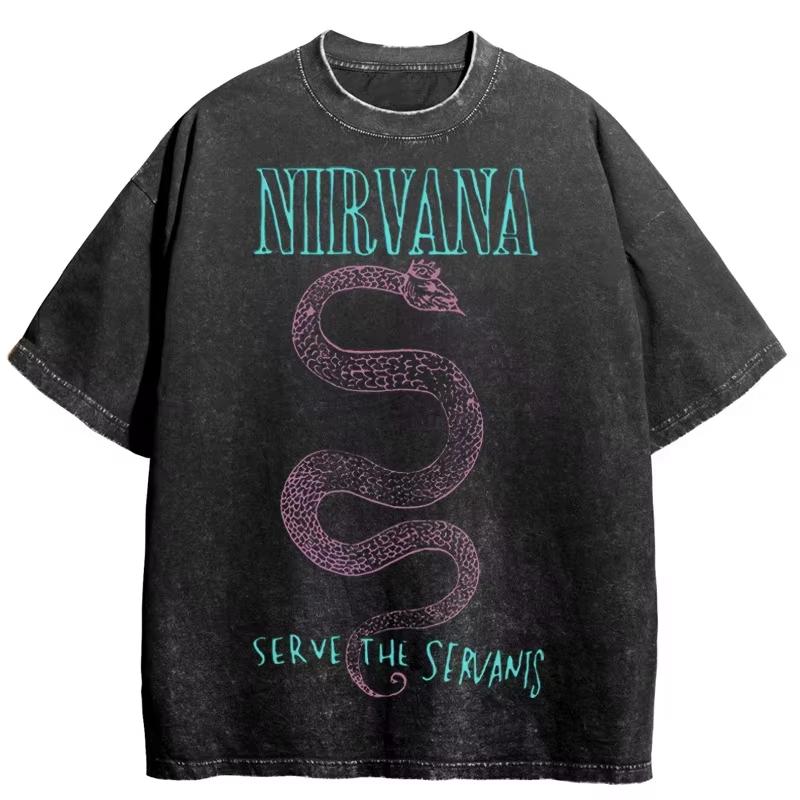Nirvana Rock Band Vintage Washed Tshirt Men Women Summer Cotton Clothing Hip Hop Fashion Round Neck Short Sleeved Top Unisex