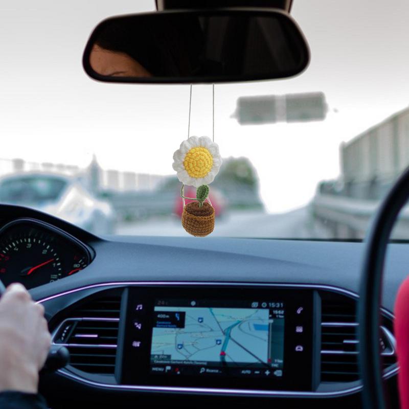 Car Accessories Sunflower Pendant Handmade Sunflower Car Rear View Ornament Cute Potted Plant Pendant Not Block The Sight Wool
