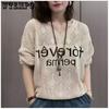 New Autumn Letter V-neck Long Sleeve Hollow Out Knit Sweater Loose Thin Top for Women