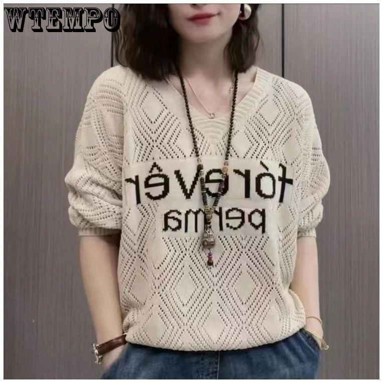 New Autumn Letter V-neck Long Sleeve Hollow Out Knit Sweater Loose Thin Top for Women