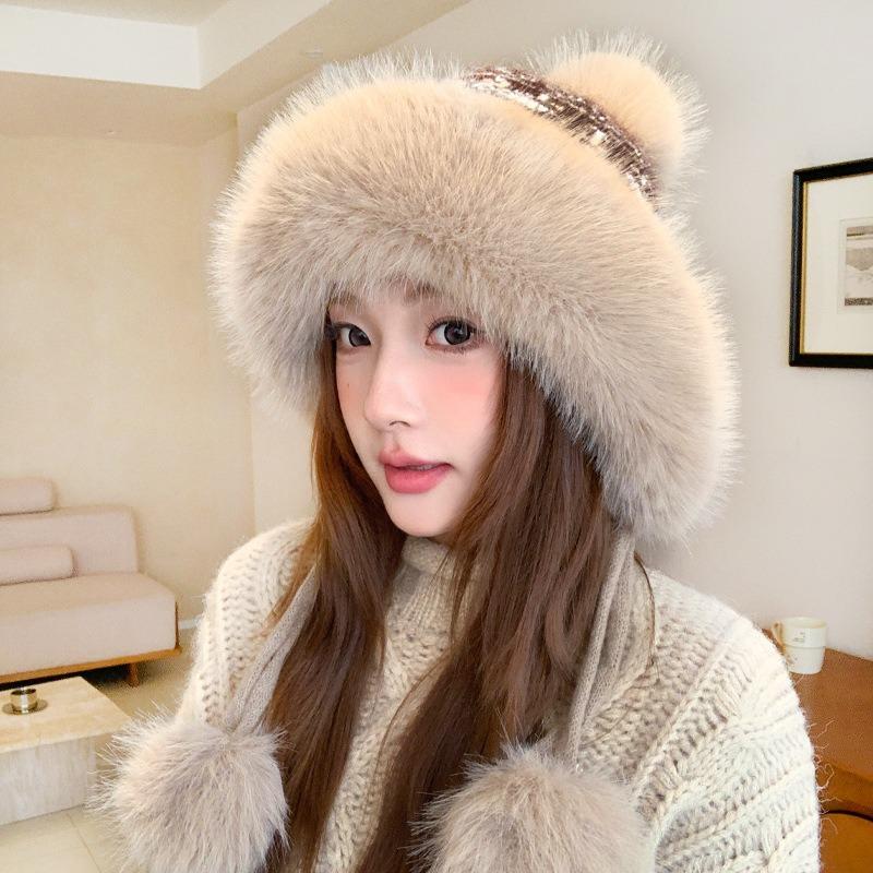 Women S Large Head Winter Warm Plush Hat With Pom Pom Ear Flap Casual