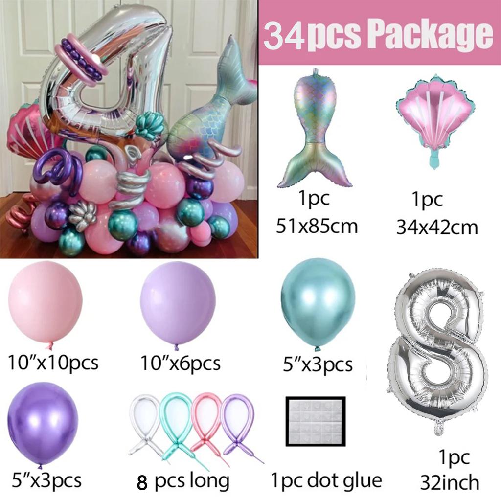 34 шт. воздушные шары с хвостом русалки, розовый, фиолетовый, воздушный шар из фольги с номером, детские украшения для дня рождения, вечерние шары с русалочкой